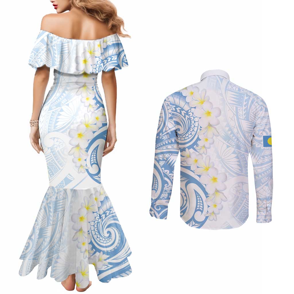 Palau 1981 Tribal Tattoo Couples Matching Mermaid Dress and Long Sleeve Button Shirt with Belau Plumeria Flowers LT9 - Polynesian Pride
