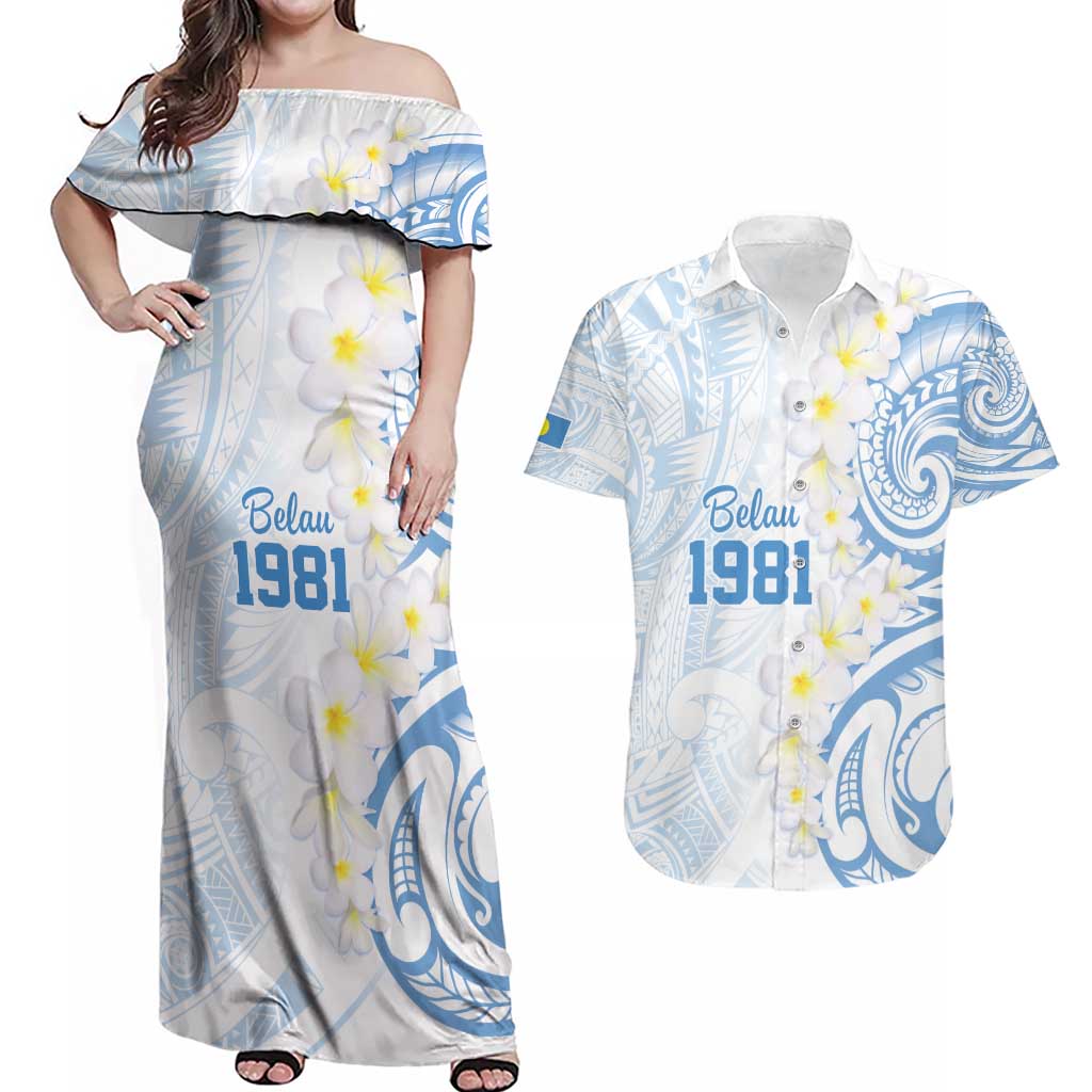 Palau 1981 Tribal Tattoo Couples Matching Off Shoulder Maxi Dress and Hawaiian Shirt with Belau Plumeria Flowers LT9 White - Polynesian Pride