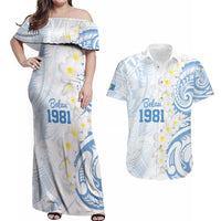 Palau 1981 Tribal Tattoo Couples Matching Off Shoulder Maxi Dress and Hawaiian Shirt with Belau Plumeria Flowers LT9 White - Polynesian Pride