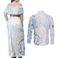 Palau 1981 Tribal Tattoo Couples Matching Off Shoulder Maxi Dress and Long Sleeve Button Shirt with Belau Plumeria Flowers LT9 - Polynesian Pride