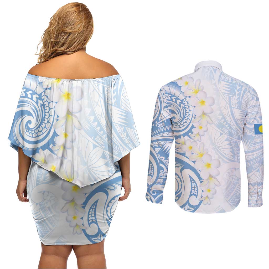 Palau 1981 Tribal Tattoo Couples Matching Off Shoulder Short Dress and Long Sleeve Button Shirt with Belau Plumeria Flowers LT9 - Polynesian Pride