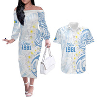 Palau 1981 Tribal Tattoo Couples Matching Off The Shoulder Long Sleeve Dress and Hawaiian Shirt with Belau Plumeria Flowers LT9 White - Polynesian Pride