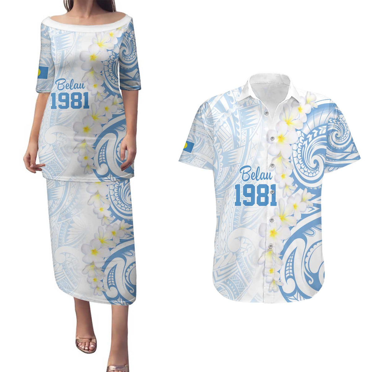 Palau 1981 Tribal Tattoo Couples Matching Puletasi and Hawaiian Shirt with Belau Plumeria Flowers LT9 White - Polynesian Pride
