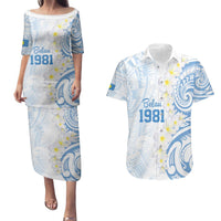 Palau 1981 Tribal Tattoo Couples Matching Puletasi and Hawaiian Shirt with Belau Plumeria Flowers LT9 White - Polynesian Pride