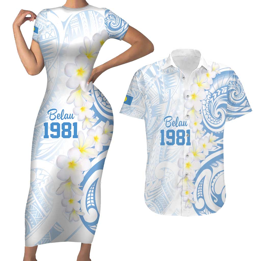 Palau 1981 Tribal Tattoo Couples Matching Short Sleeve Bodycon Dress and Hawaiian Shirt with Belau Plumeria Flowers LT9 White - Polynesian Pride