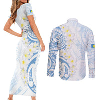 Palau 1981 Tribal Tattoo Couples Matching Short Sleeve Bodycon Dress and Long Sleeve Button Shirt with Belau Plumeria Flowers LT9 - Polynesian Pride