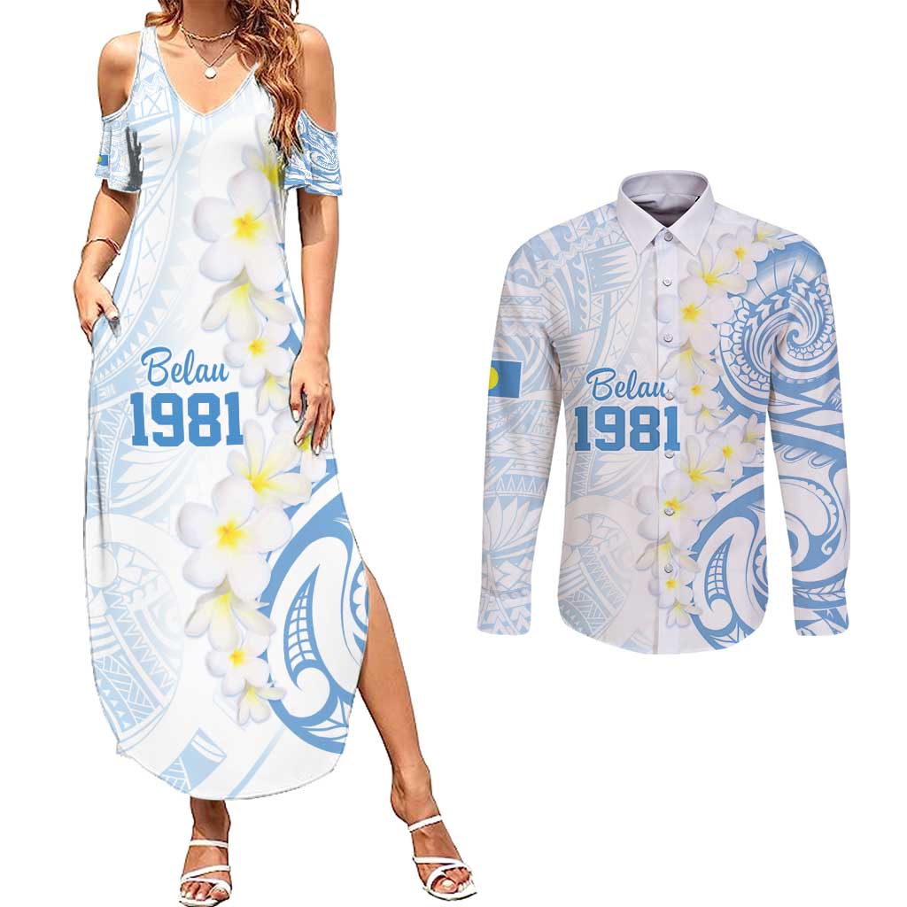 Palau 1981 Tribal Tattoo Couples Matching Summer Maxi Dress and Long Sleeve Button Shirt with Belau Plumeria Flowers LT9 White - Polynesian Pride