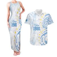 Palau 1981 Tribal Tattoo Couples Matching Tank Maxi Dress and Hawaiian Shirt with Belau Plumeria Flowers LT9 White - Polynesian Pride