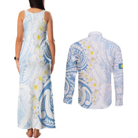 Palau 1981 Tribal Tattoo Couples Matching Tank Maxi Dress and Long Sleeve Button Shirt with Belau Plumeria Flowers LT9 - Polynesian Pride