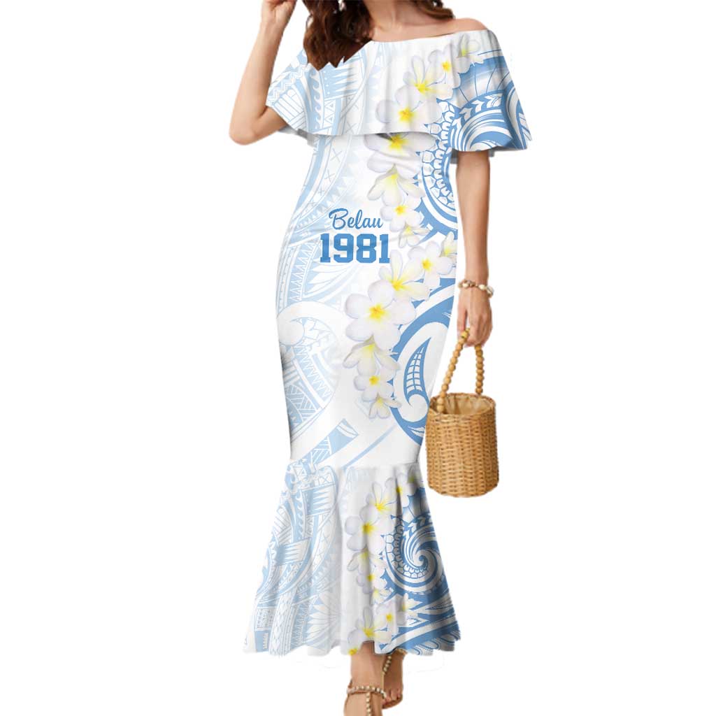 Palau 1981 Tribal Tattoo Family Matching Mermaid Dress and Hawaiian Shirt with Belau Plumeria Flowers LT9 Mom's Dress White - Polynesian Pride