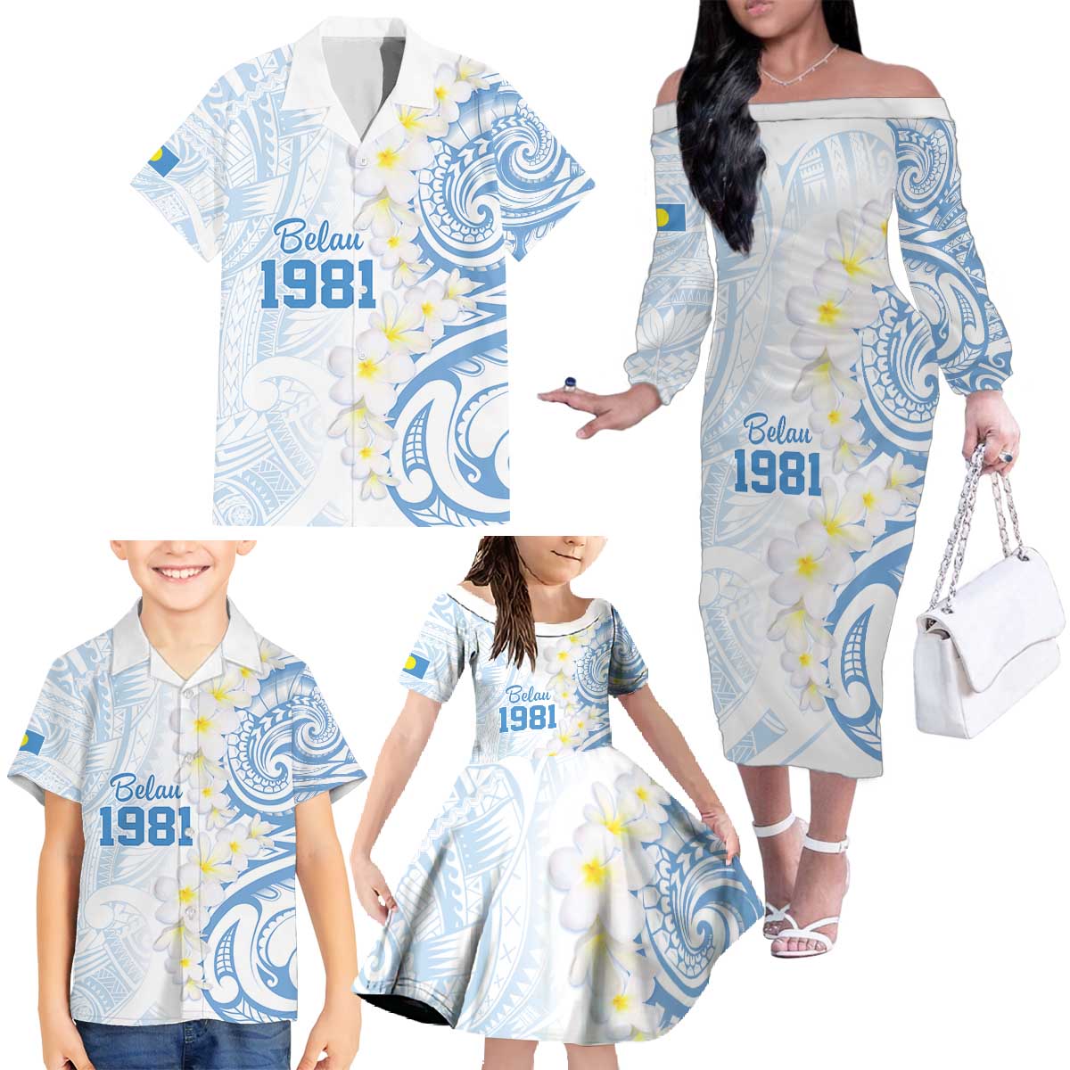 Palau 1981 Tribal Tattoo Family Matching Off The Shoulder Long Sleeve Dress and Hawaiian Shirt with Belau Plumeria Flowers LT9 - Polynesian Pride