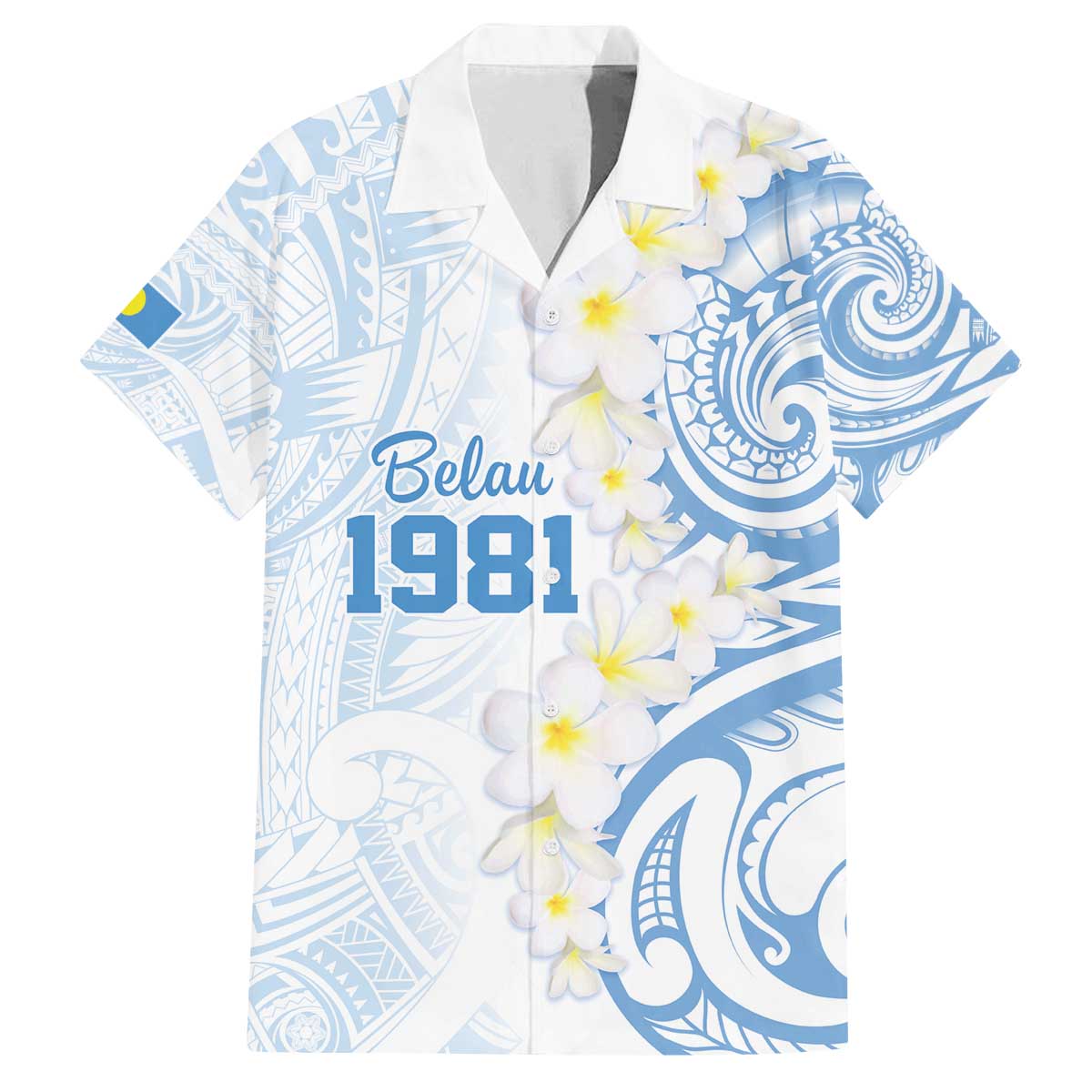 Palau 1981 Tribal Tattoo Family Matching Off The Shoulder Long Sleeve Dress and Hawaiian Shirt with Belau Plumeria Flowers LT9 Dad's Shirt - Short Sleeve White - Polynesian Pride