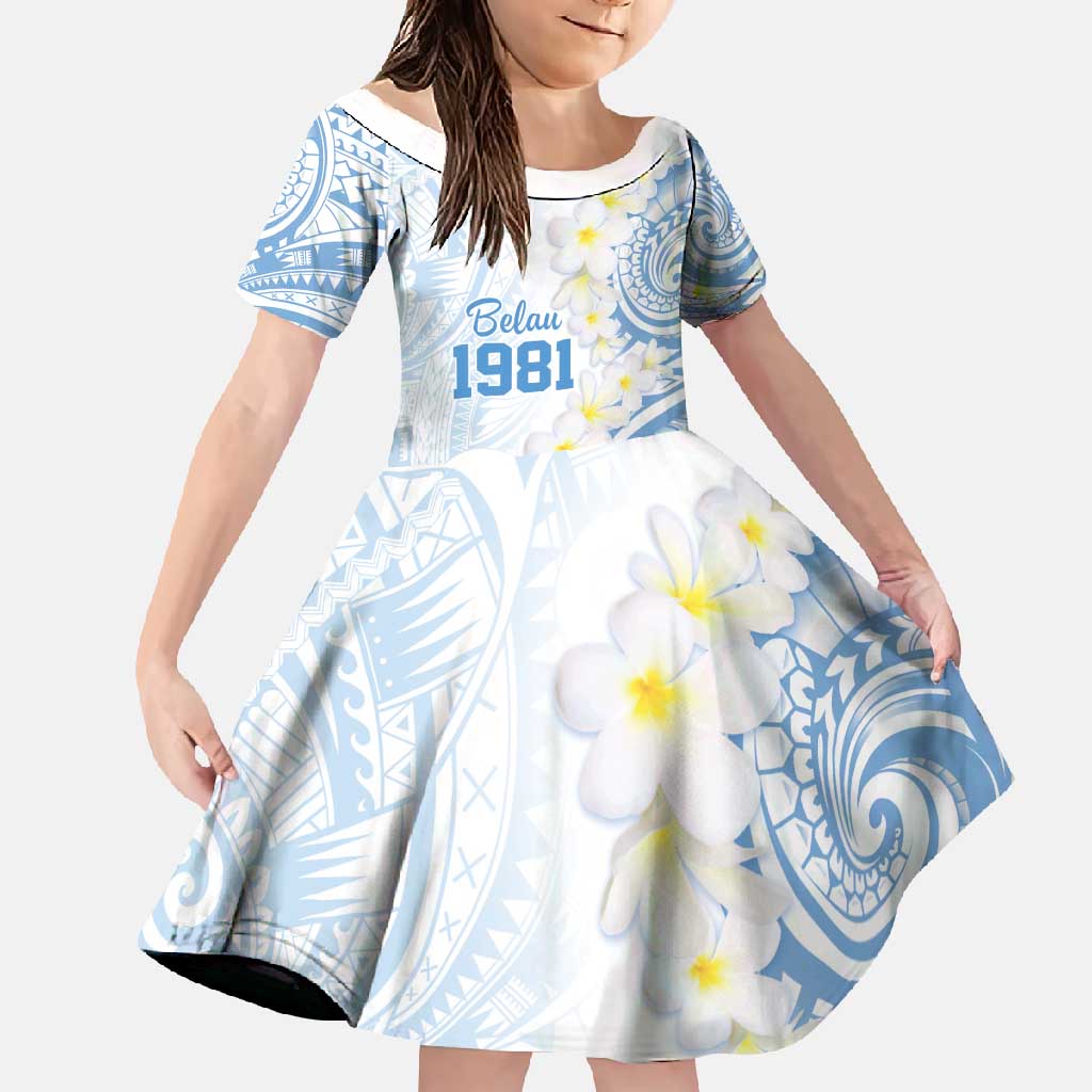 Palau 1981 Tribal Tattoo Family Matching Off Shoulder Maxi Dress and Hawaiian Shirt with Belau Plumeria Flowers LT9 Daughter's Dress White - Polynesian Pride