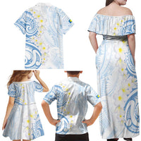 Palau 1981 Tribal Tattoo Family Matching Off Shoulder Maxi Dress and Hawaiian Shirt with Belau Plumeria Flowers LT9 - Polynesian Pride