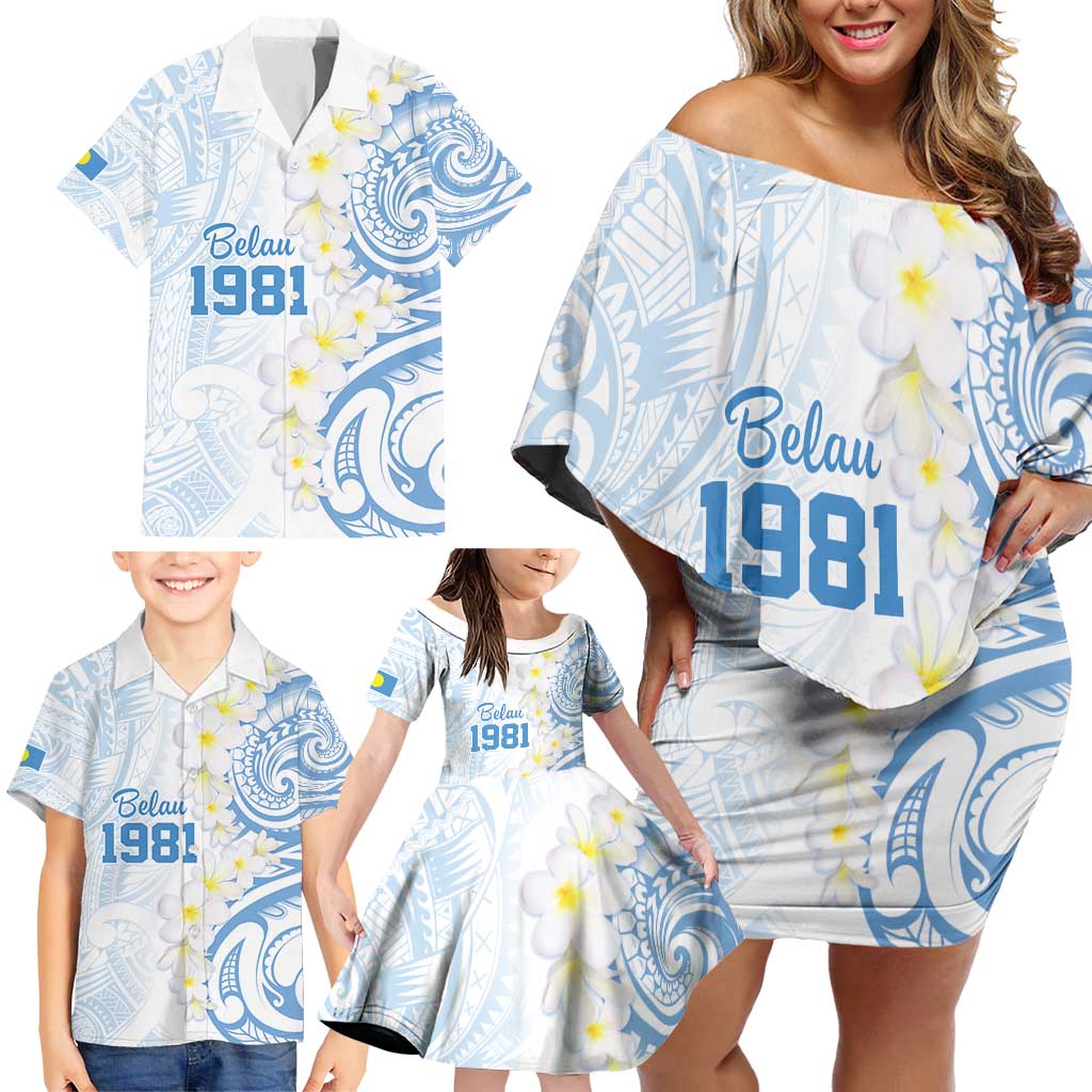 Palau 1981 Tribal Tattoo Family Matching Off Shoulder Short Dress and Hawaiian Shirt with Belau Plumeria Flowers LT9 - Polynesian Pride