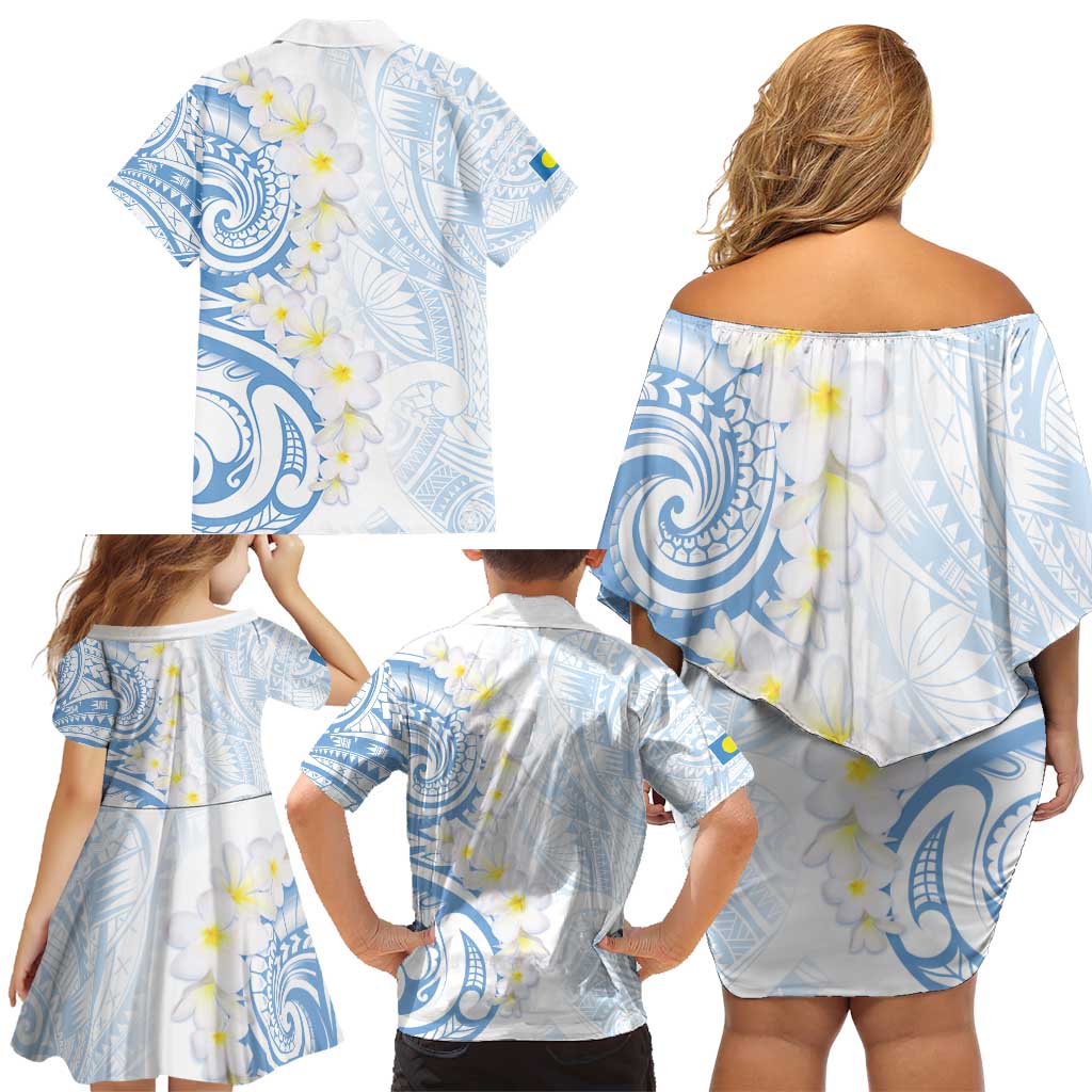Palau 1981 Tribal Tattoo Family Matching Off Shoulder Short Dress and Hawaiian Shirt with Belau Plumeria Flowers LT9 - Polynesian Pride