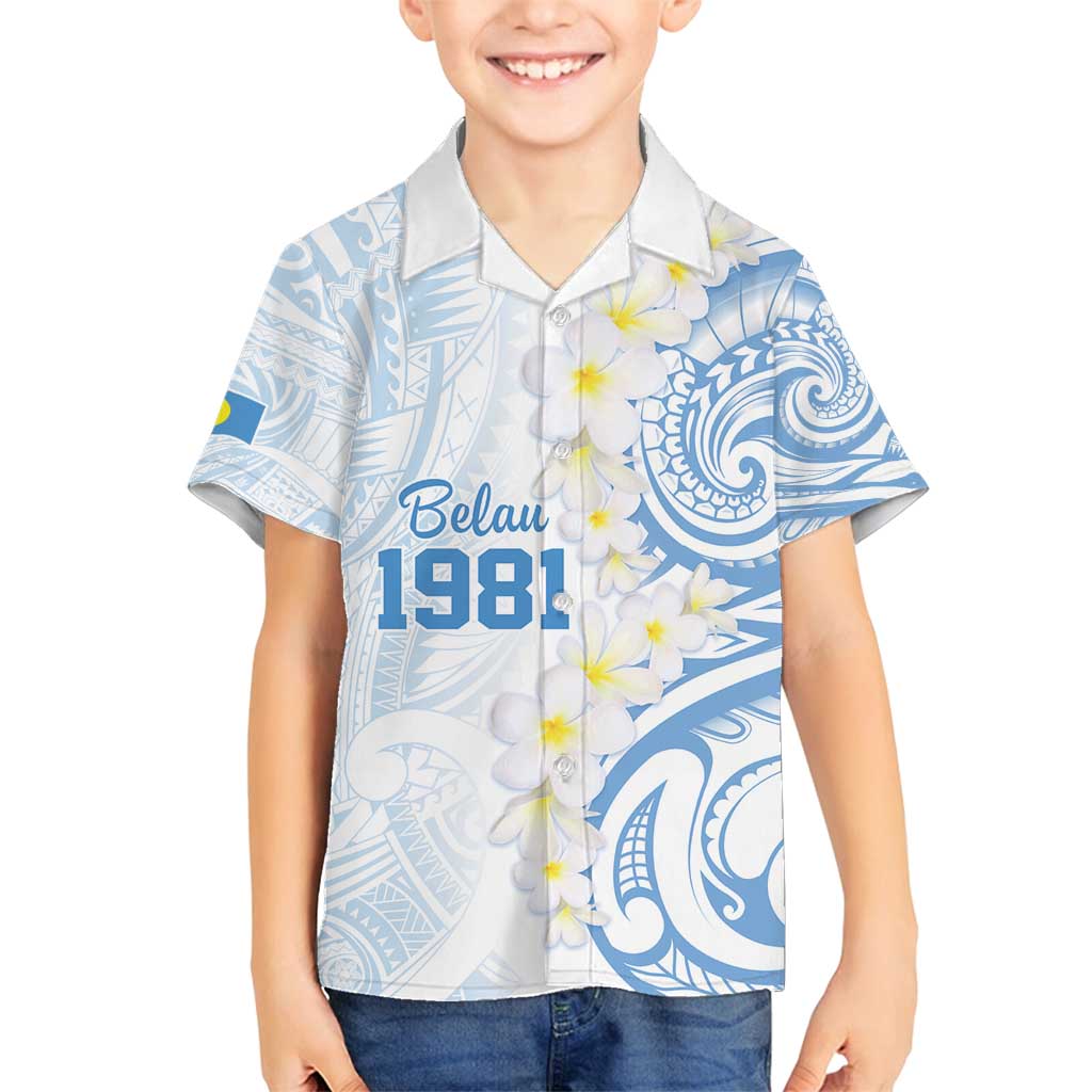 Palau 1981 Tribal Tattoo Family Matching Off Shoulder Short Dress and Hawaiian Shirt with Belau Plumeria Flowers LT9 Son's Shirt White - Polynesian Pride
