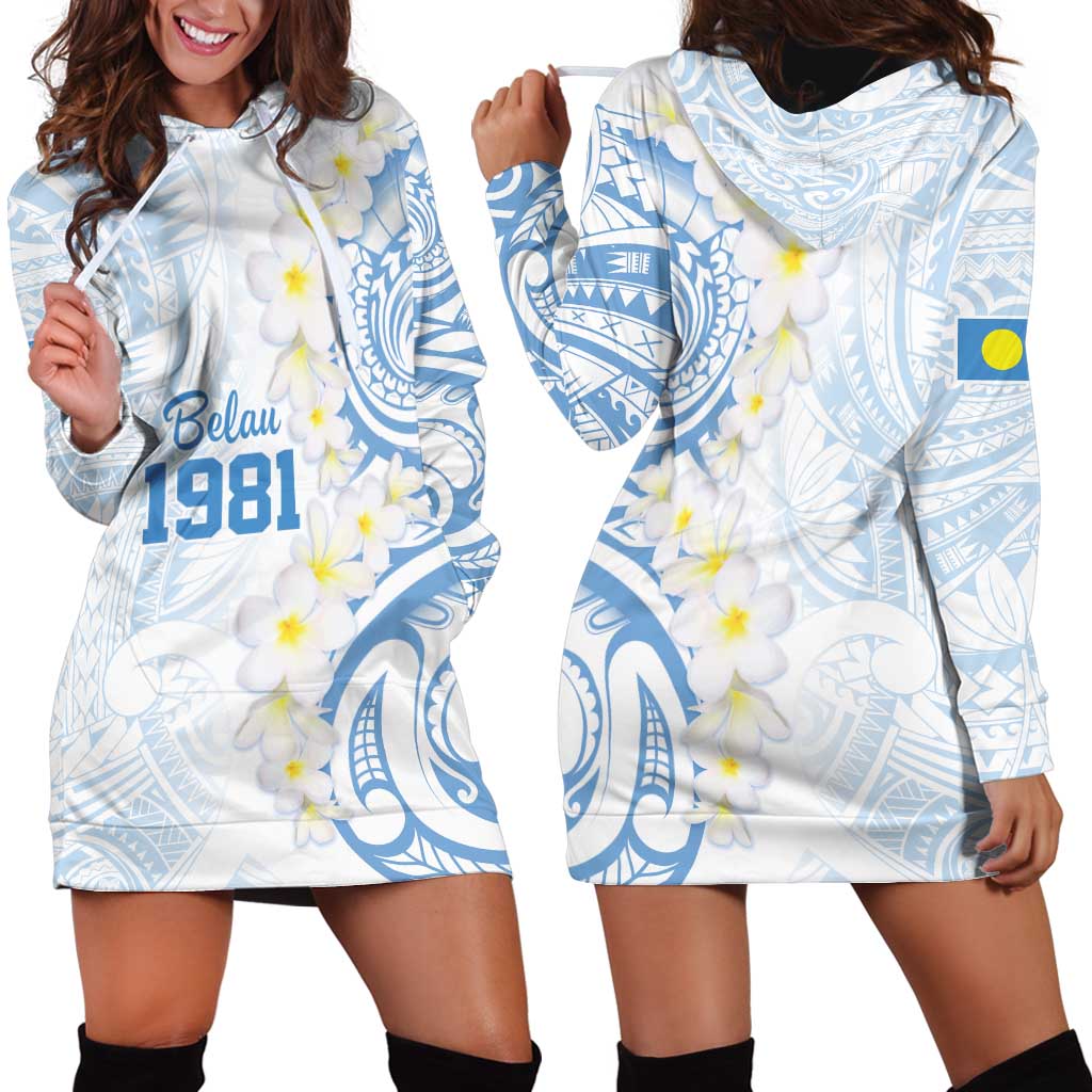 Palau 1981 Tribal Tattoo Hoodie Dress with Belau Plumeria Flowers LT9 - Polynesian Pride