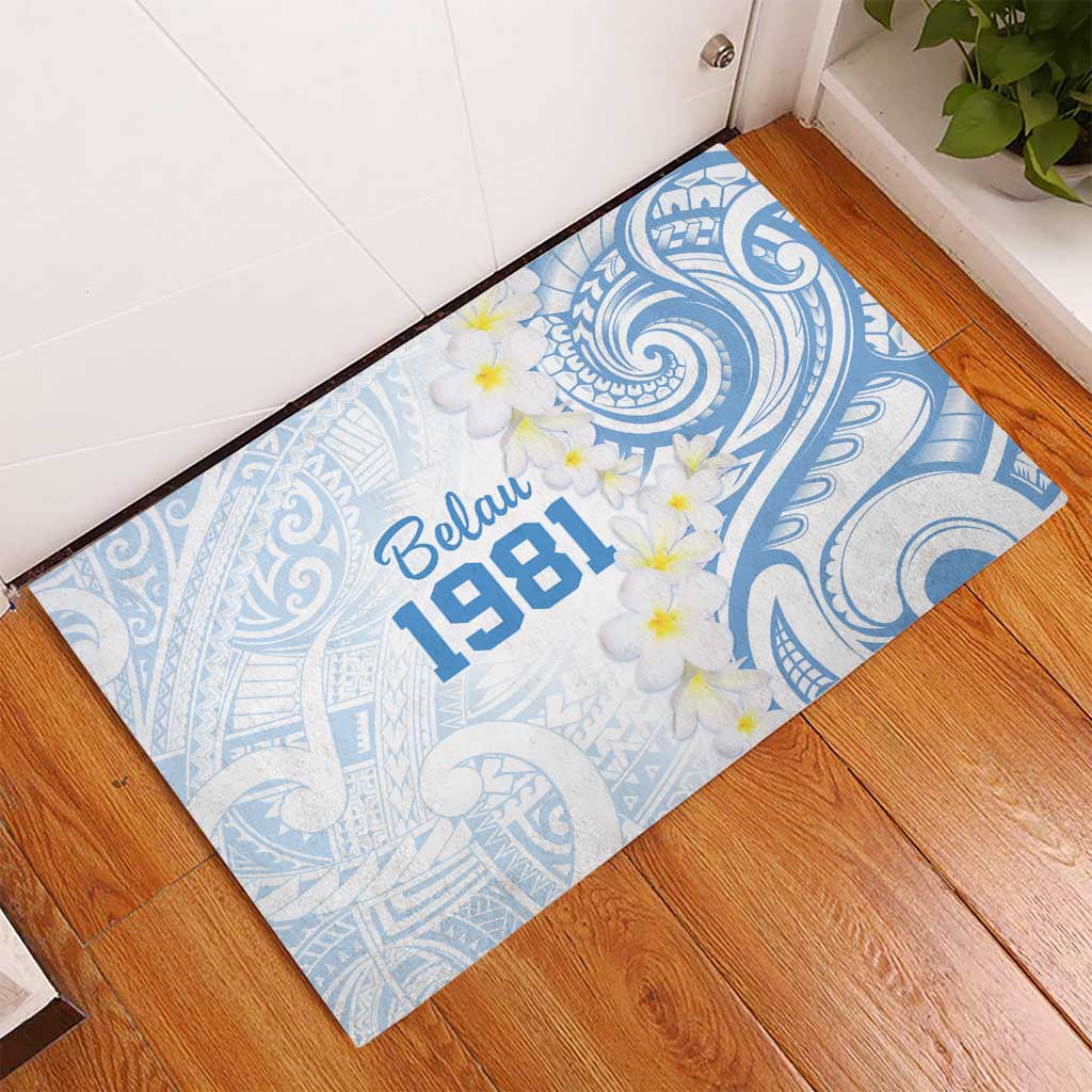 Palau 1981 Tribal Tattoo Rubber Doormat with Belau Plumeria Flowers