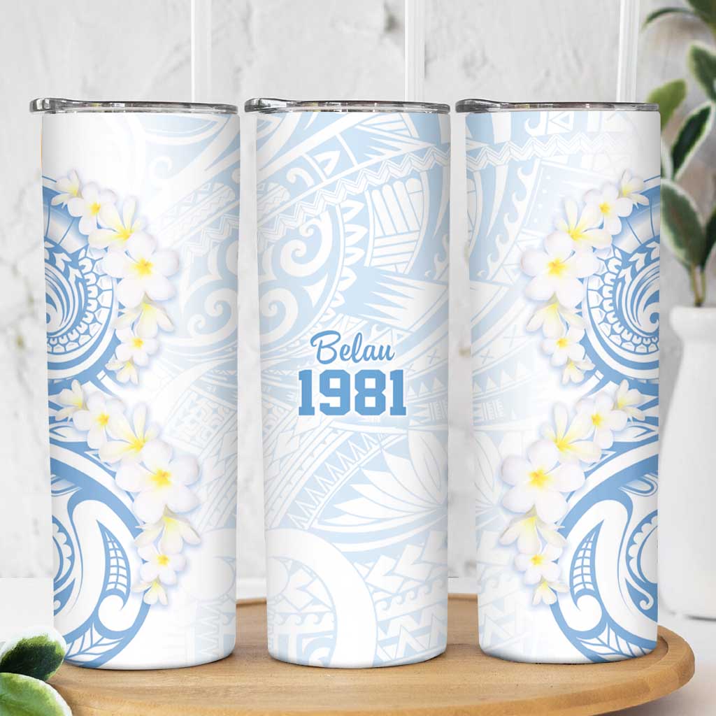 Palau 1981 Tribal Tattoo Skinny Tumbler with Belau Plumeria Flowers LT9 - Polynesian Pride