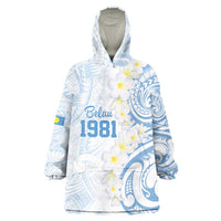 Palau 1981 Tribal Tattoo Wearable Blanket Hoodie with Belau Plumeria Flowers LT9 One Size White - Polynesian Pride