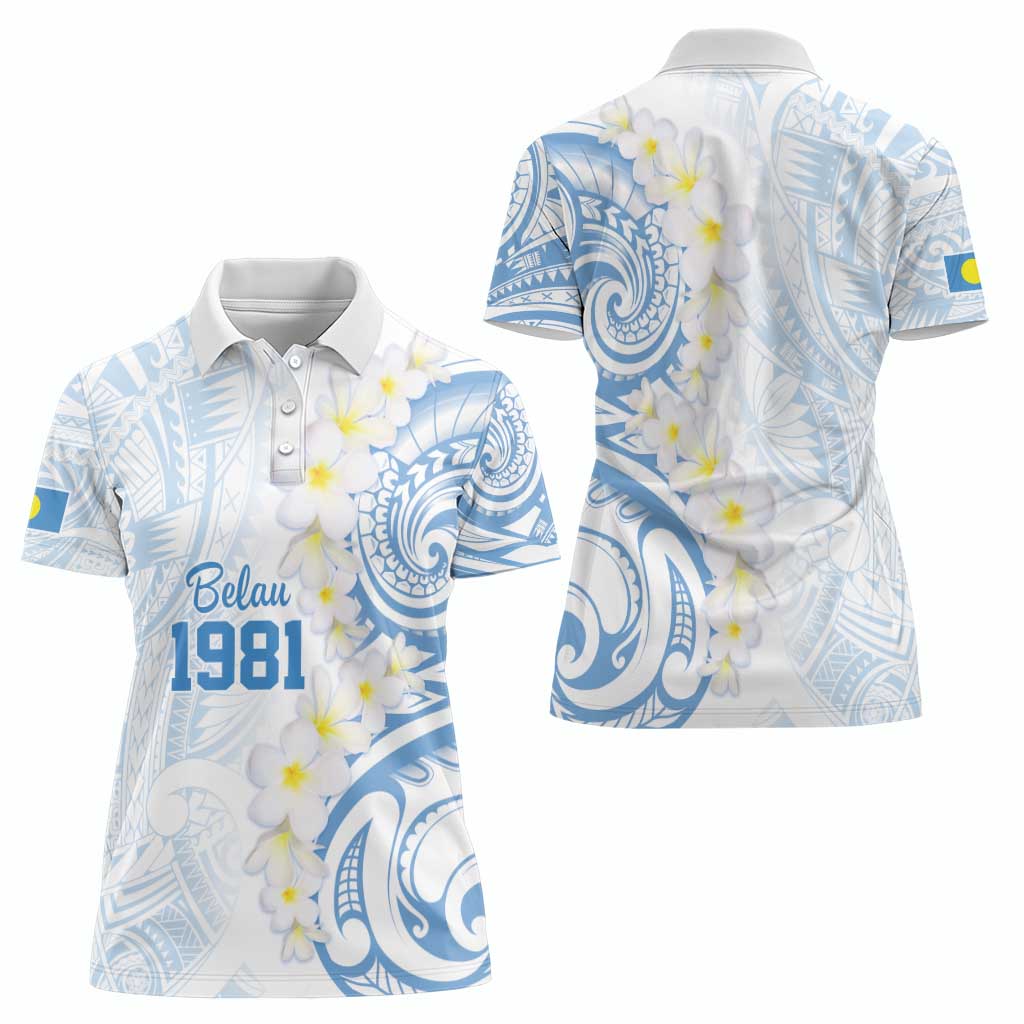 Palau 1981 Tribal Tattoo Women Polo Shirt with Belau Plumeria Flowers LT9 - Polynesian Pride