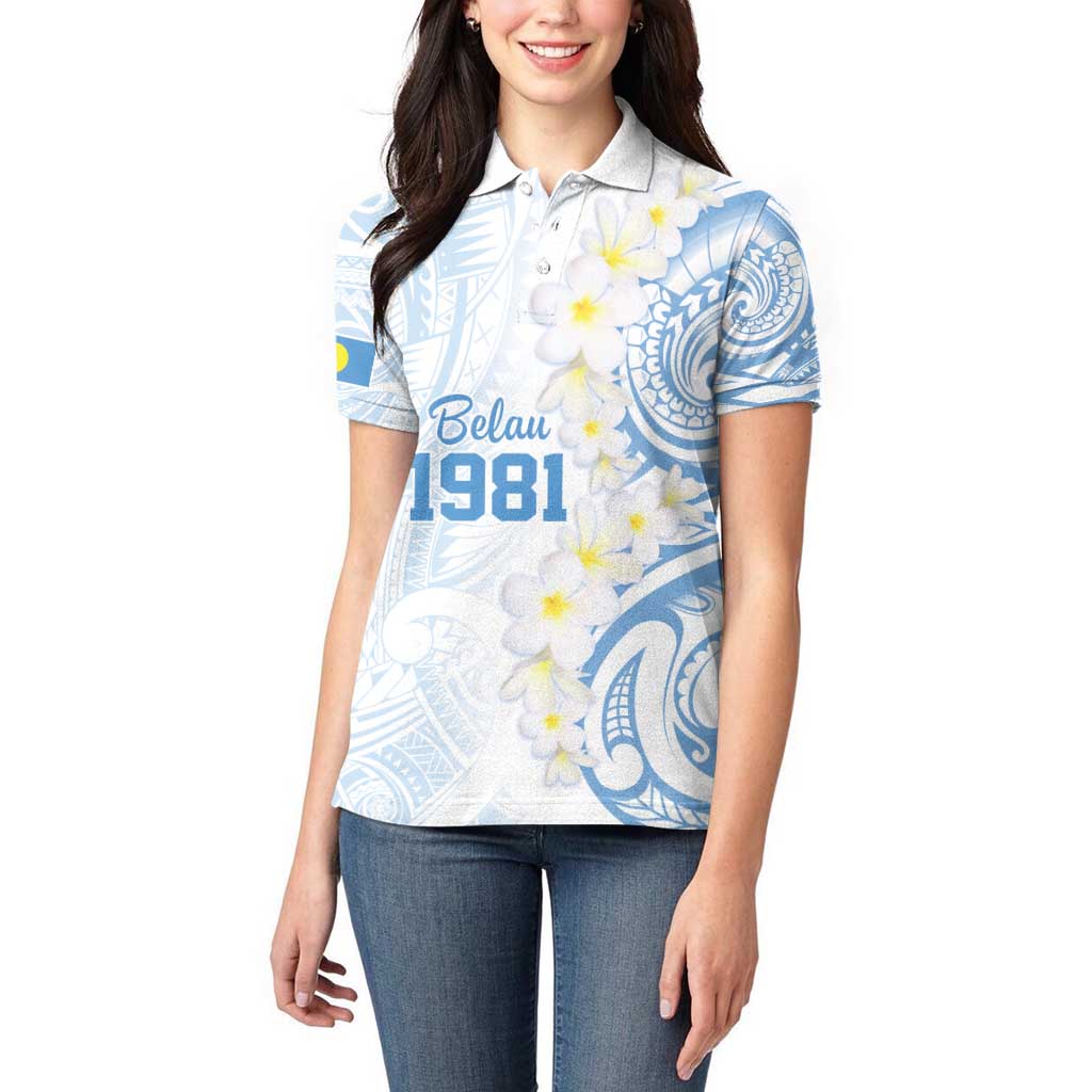 Palau 1981 Tribal Tattoo Women Polo Shirt with Belau Plumeria Flowers LT9 - Polynesian Pride