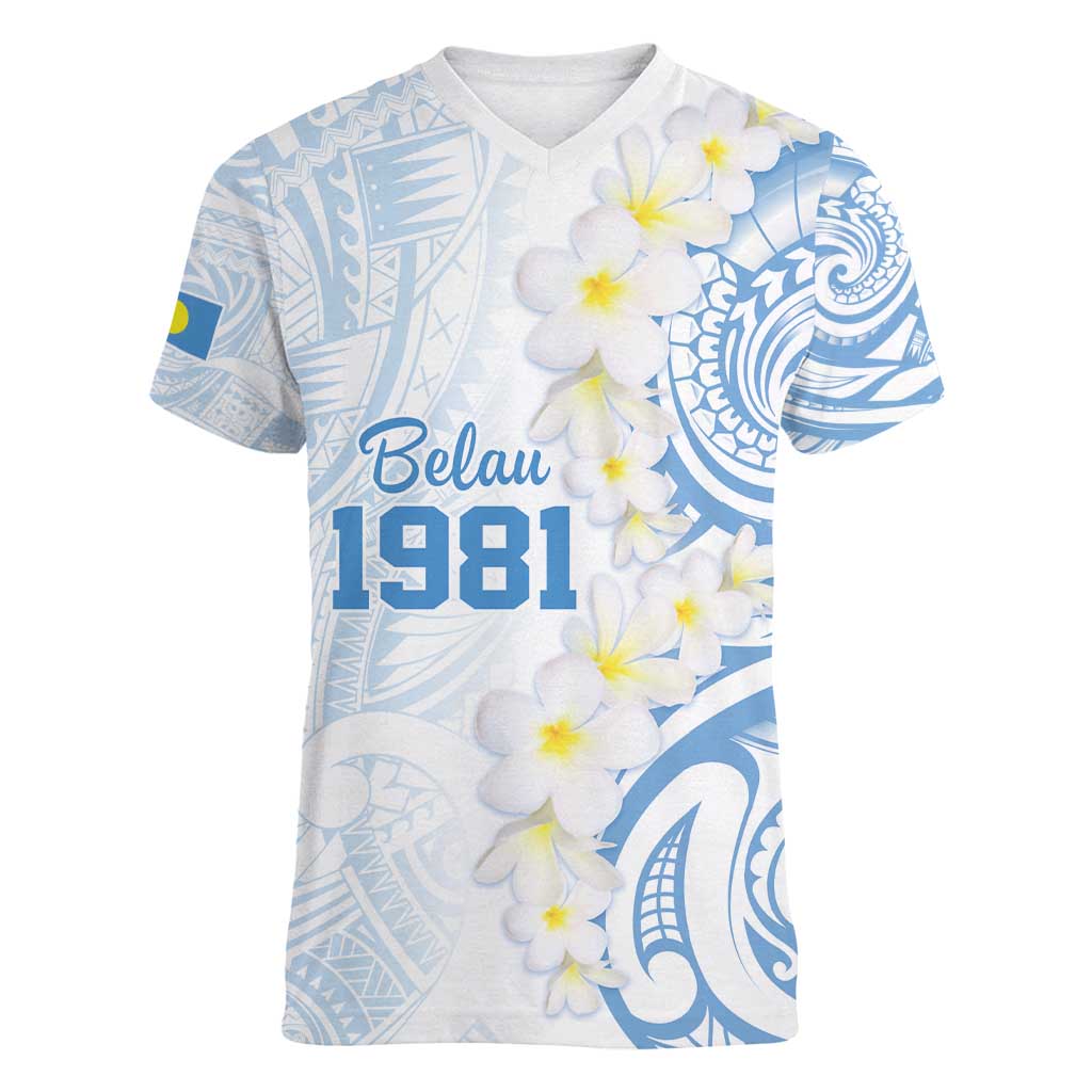 Palau 1981 Tribal Tattoo Women V-Neck T-Shirt with Belau Plumeria Flowers LT9 Female White - Polynesian Pride
