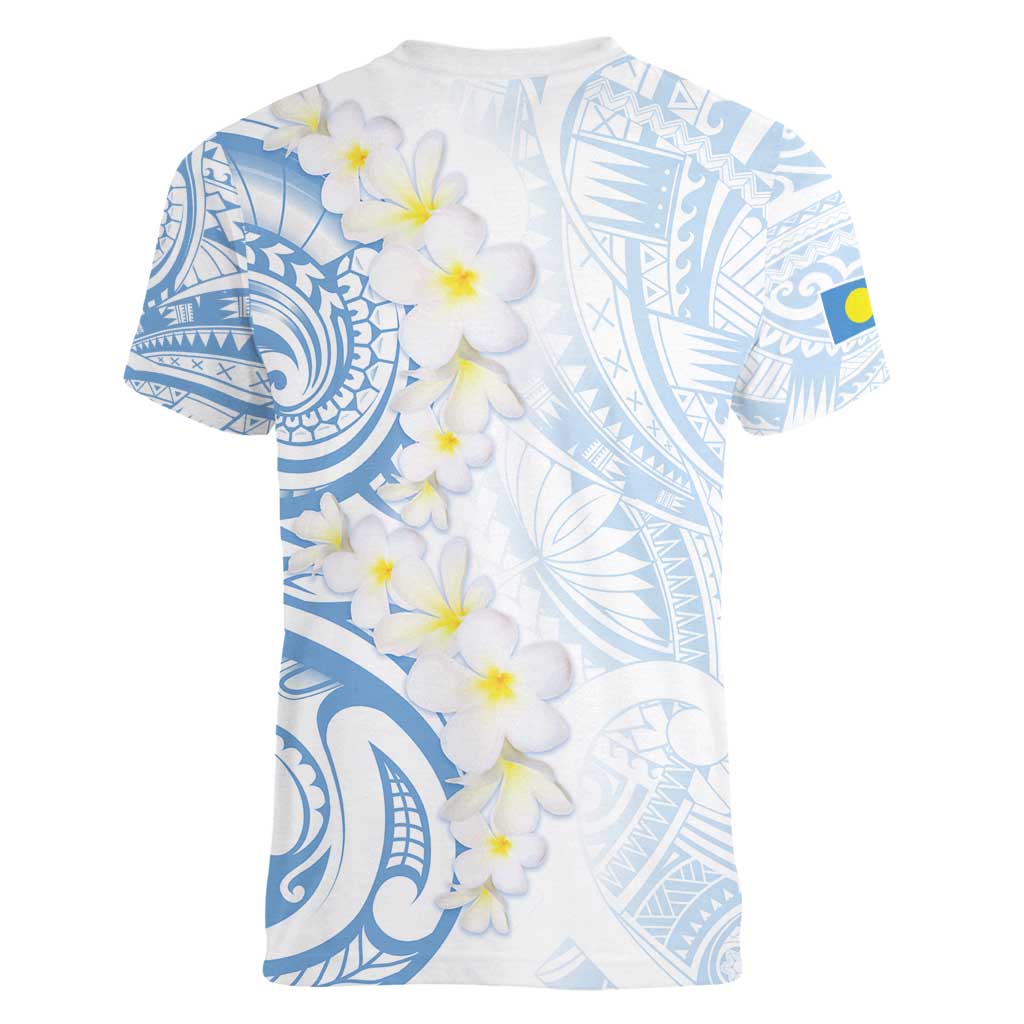 Palau 1981 Tribal Tattoo Women V-Neck T-Shirt with Belau Plumeria Flowers LT9 - Polynesian Pride