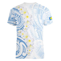 Palau 1981 Tribal Tattoo Women V-Neck T-Shirt with Belau Plumeria Flowers LT9 - Polynesian Pride