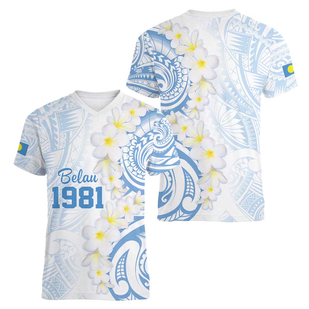 Palau 1981 Tribal Tattoo Women V-Neck T-Shirt with Belau Plumeria Flowers LT9 - Polynesian Pride