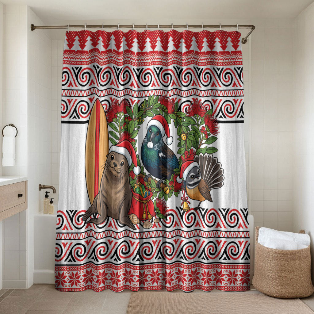 New Zealand Animal Christmas Bathroom Set Maori Inspired Kowhaiwhai Patterns LT9 Shower Curtain Only Red - Polynesian Pride
