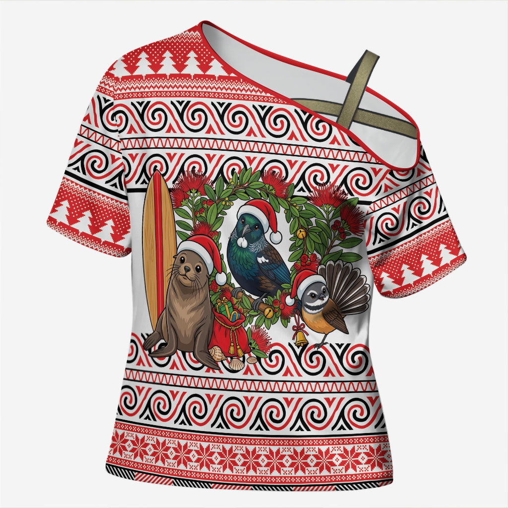 New Zealand Animal Christmas Cross Shoulder Shirt Maori Inspired Kowhaiwhai Patterns