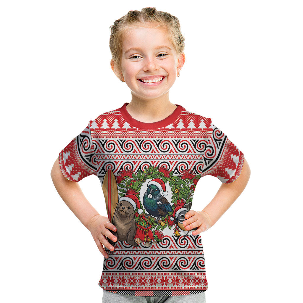 New Zealand Animal Christmas Kid T Shirt Maori Inspired Kowhaiwhai Patterns LT9 Red - Polynesian Pride
