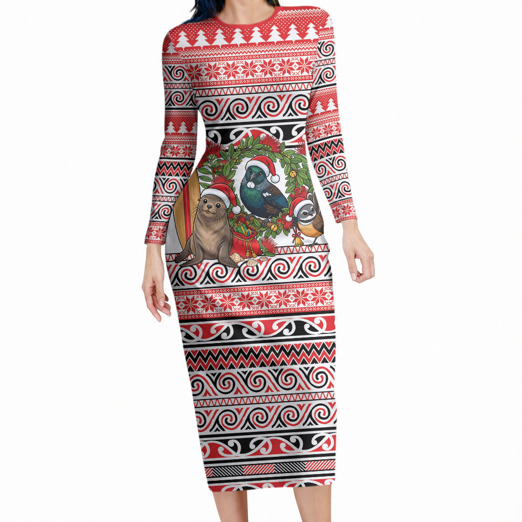 New Zealand Animal Christmas Long Sleeve Bodycon Dress Maori Inspired Kowhaiwhai Patterns