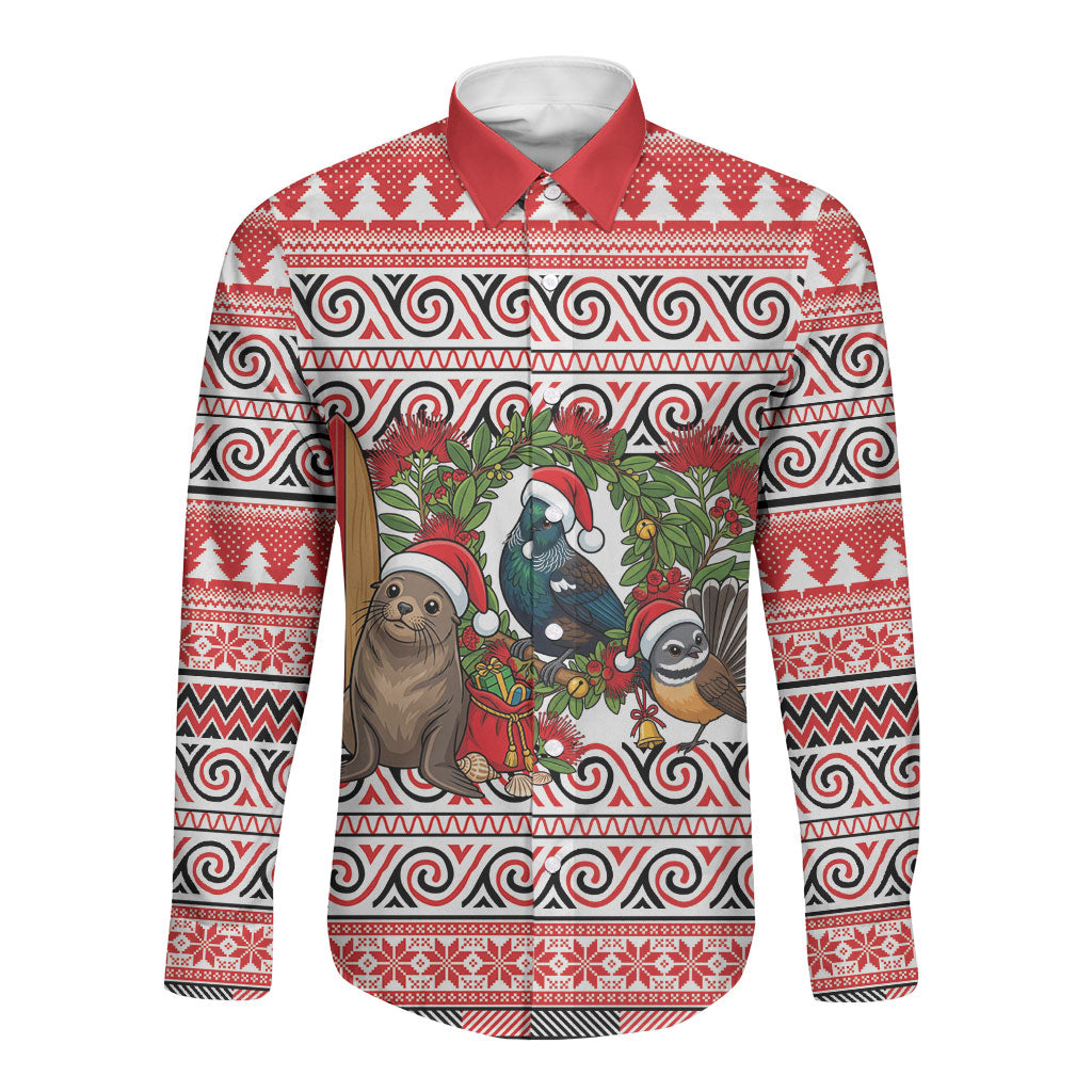 New Zealand Animal Christmas Long Sleeve Button Shirt Maori Inspired Kowhaiwhai Patterns