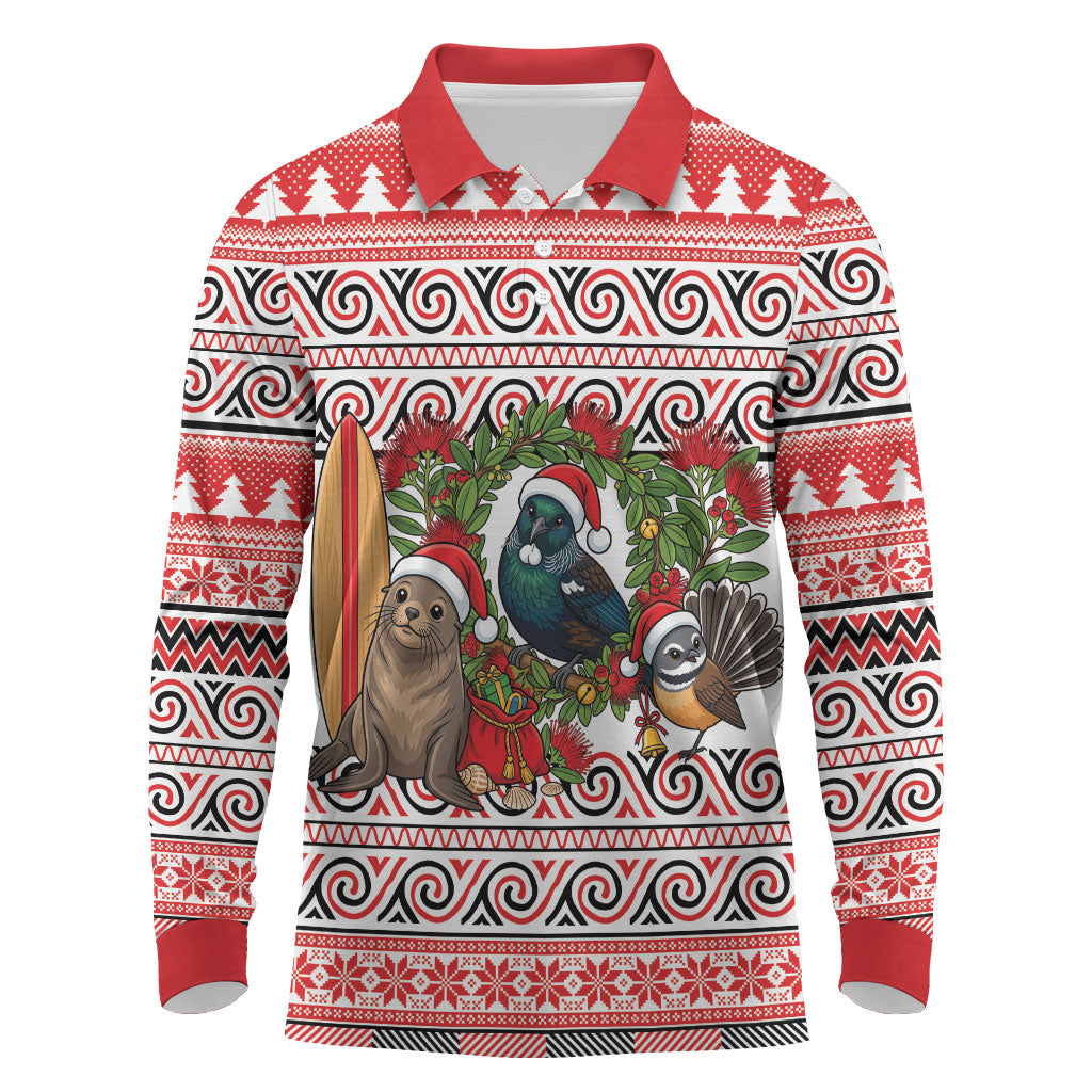 New Zealand Animal Christmas Long Sleeve Polo Shirt Maori Inspired Kowhaiwhai Patterns LT9 Red - Polynesian Pride