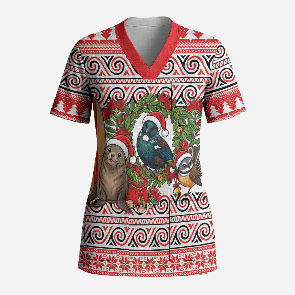New Zealand Animal Christmas Scrub Top Maori Inspired Kowhaiwhai Patterns