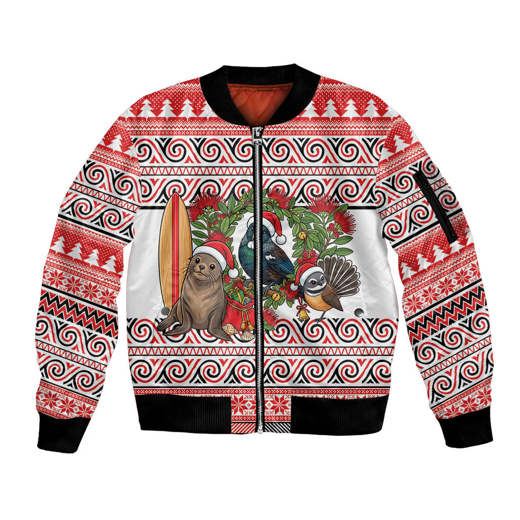 New Zealand Animal Christmas Sleeve Zip Bomber Jacket Maori Inspired Kowhaiwhai Patterns