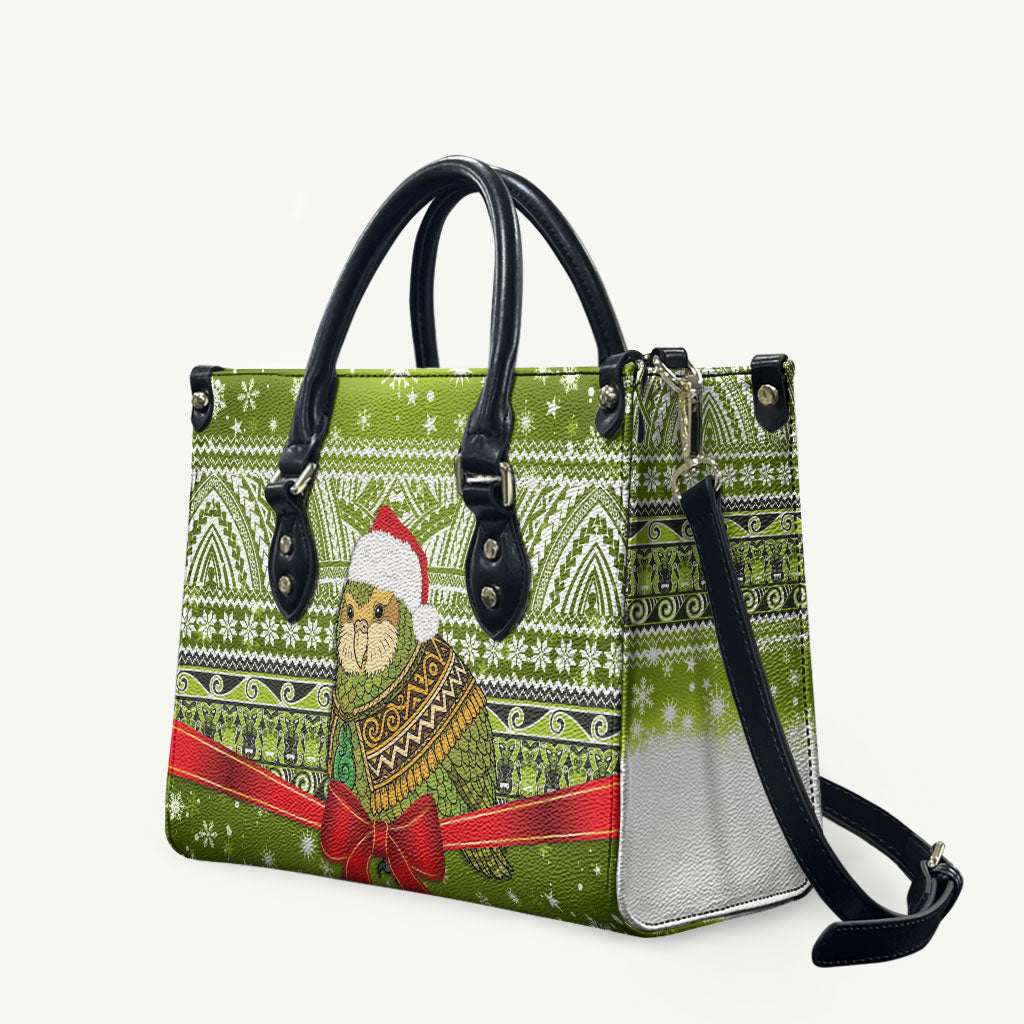 New Zealand Kakapo Christmas Leather Bag Maori Inspired Knitted Patterns LT9 Green - Polynesian Pride