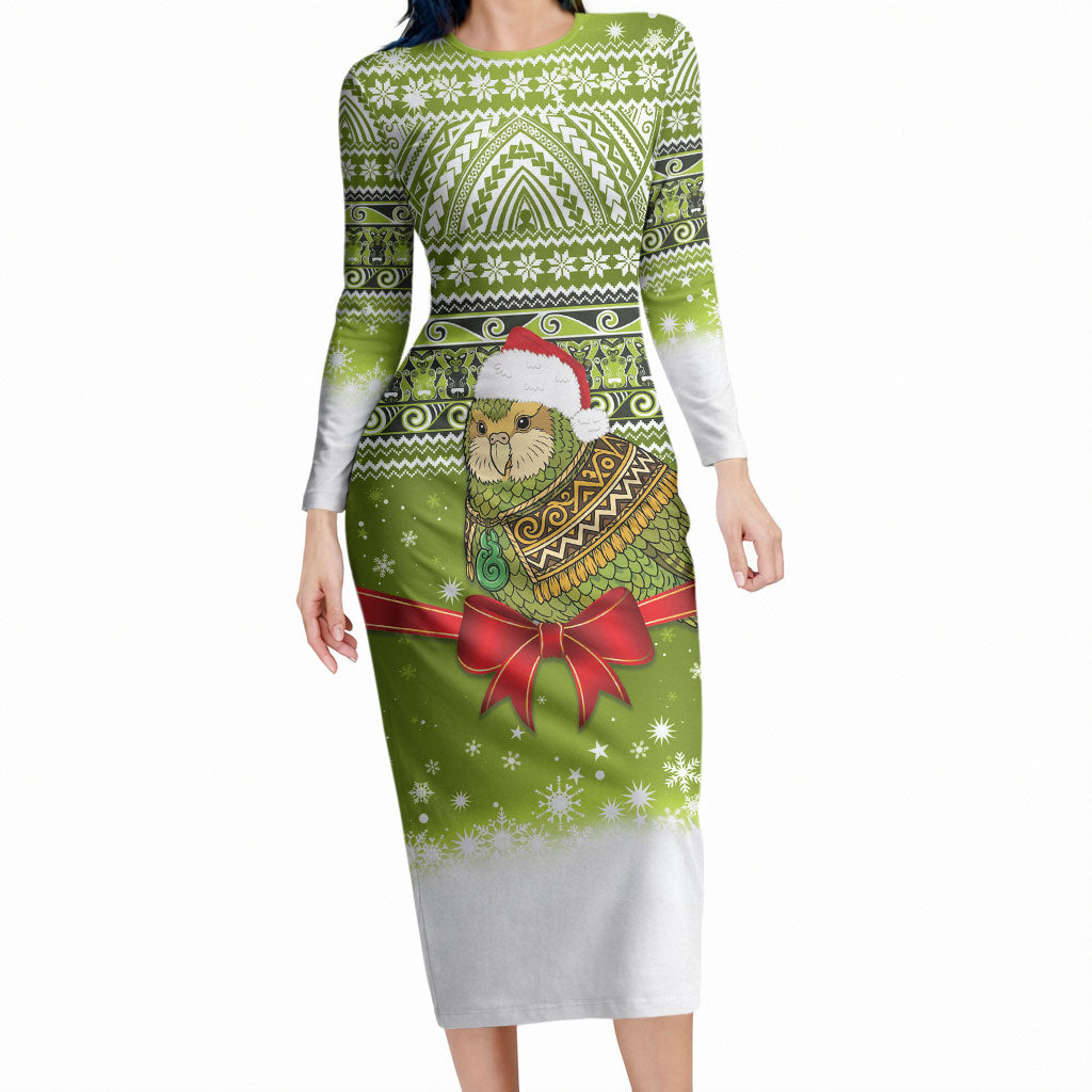 New Zealand Kakapo Christmas Long Sleeve Bodycon Dress Maori Inspired Knitted Patterns