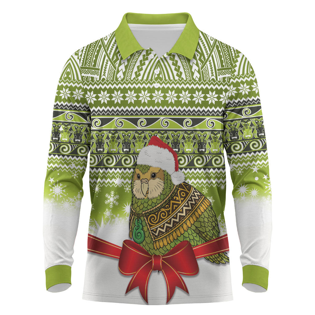 New Zealand Kakapo Christmas Long Sleeve Polo Shirt Maori Inspired Knitted Patterns LT9 Green - Polynesian Pride