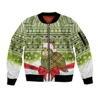 New Zealand Kakapo Christmas Sleeve Zip Bomber Jacket Maori Inspired Knitted Patterns LT9 Unisex Green - Polynesian Pride