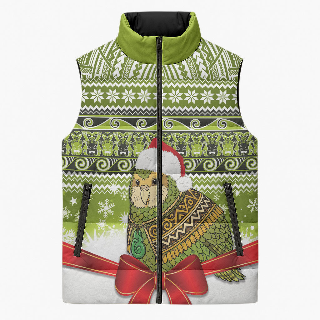 New Zealand Kakapo Christmas Sleeveless Puffer Jacket Maori Inspired Knitted Patterns LT9 Unisex Green - Polynesian Pride