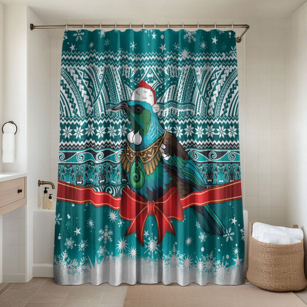 New Zealand Tui Bird Christmas Bathroom Set Maori Inspired Knitted Patterns LT9 Shower Curtain Only Turquoise - Polynesian Pride