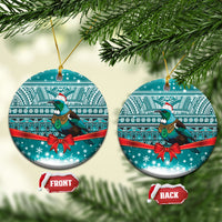 New Zealand Tui Bird Christmas Ceramic Ornament Maori Inspired Knitted Patterns LT9 Circle Turquoise - Polynesian Pride