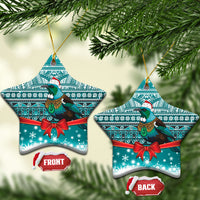 New Zealand Tui Bird Christmas Ceramic Ornament Maori Inspired Knitted Patterns LT9 Star Turquoise - Polynesian Pride