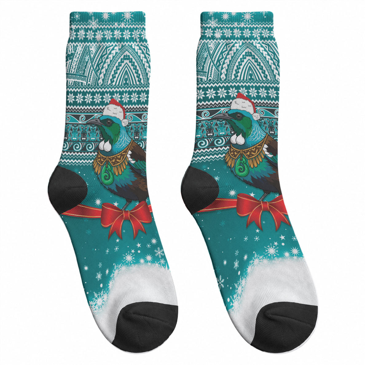 New Zealand Tui Bird Christmas Crew Socks Maori Inspired Knitted Patterns LT9 - Polynesian Pride