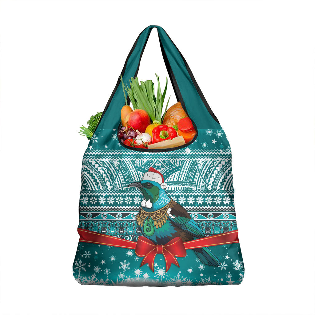 New Zealand Tui Bird Christmas Grocery Bag Maori Inspired Knitted Patterns LT9 1-pack One Size Turquoise - Polynesian Pride
