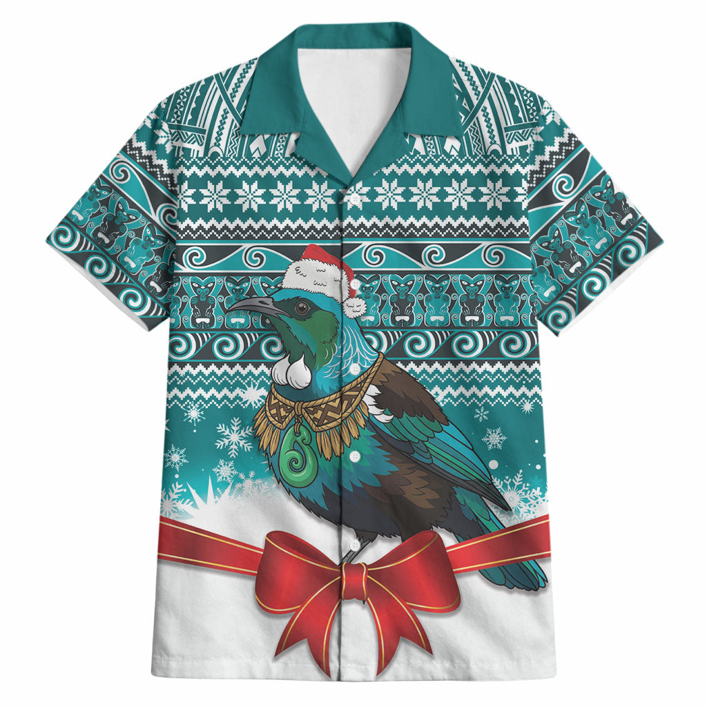 New Zealand Tui Bird Christmas Hawaiian Shirt Maori Inspired Knitted Patterns LT9 Turquoise - Polynesian Pride